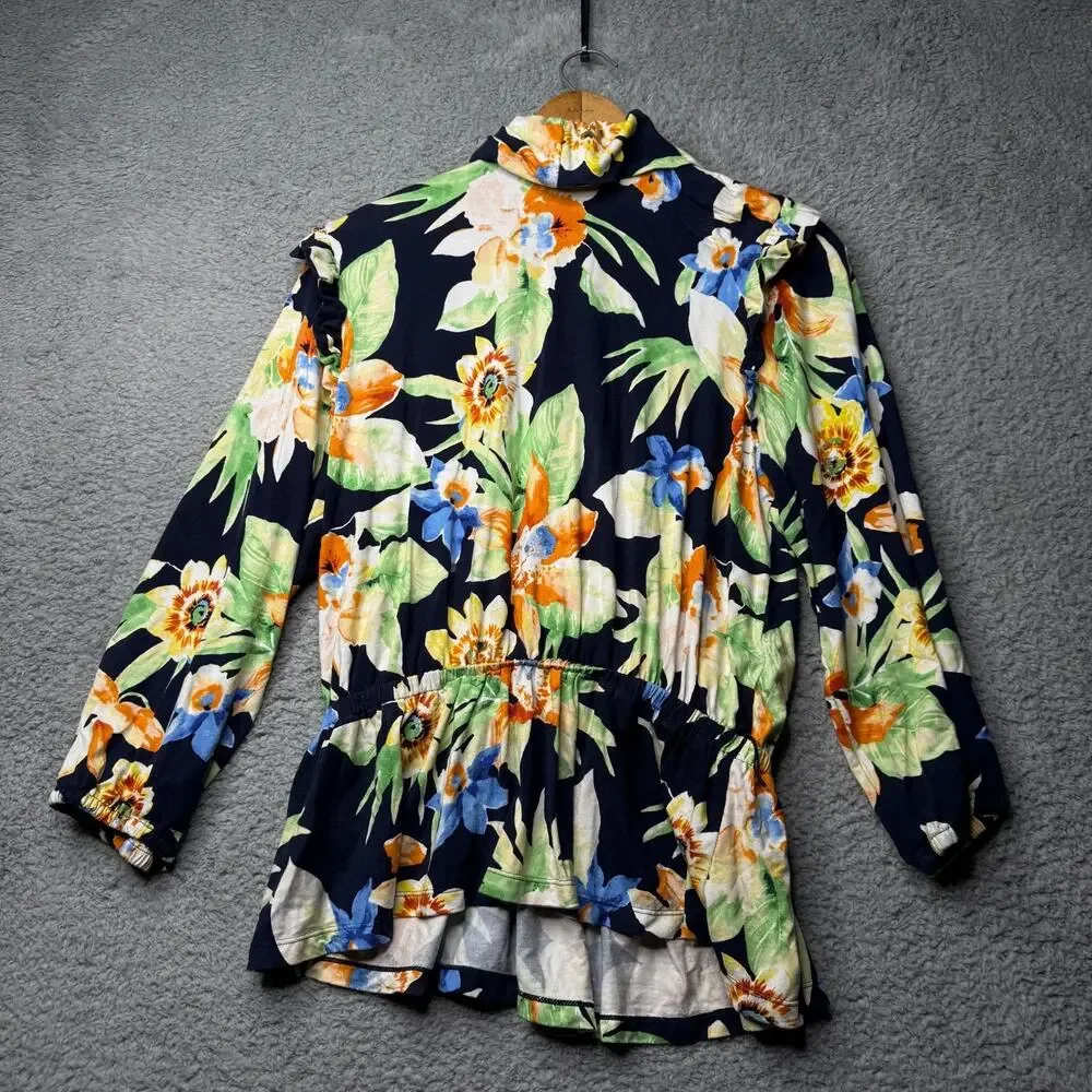 Ralph Lauren Blouse Women's Large Blue Floral Ruffle Sleeve Top - Picture 2 of 10